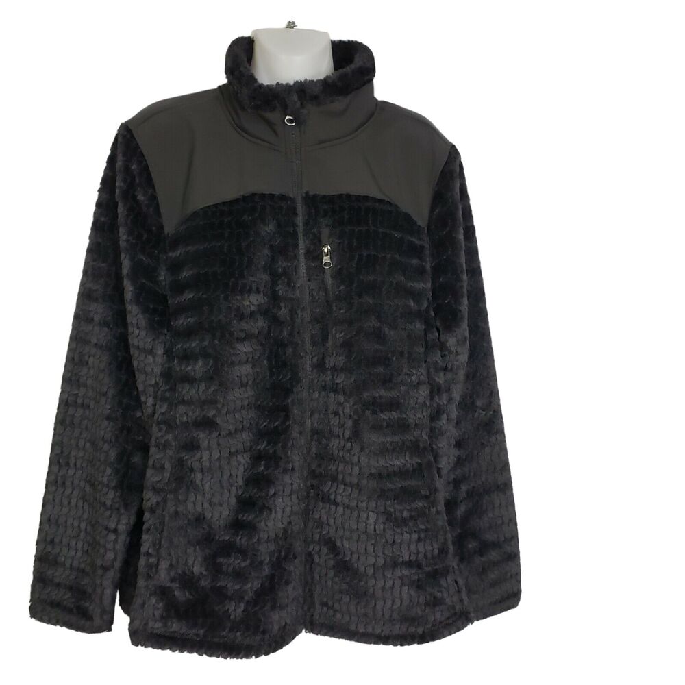 Made for Life Women Jacket Large Black Texture Faux Fur Zip Front Pockets Collar